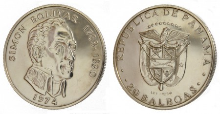85 eur  20 Balboas  1974  plata 925  129,59 gr 